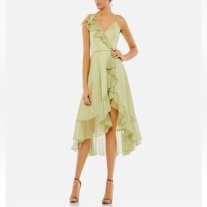 Mac Duggal V-Neck Ruffled Faux Wrap Hi Low Green Polka Dot Midi Dress 70163 Sz 6